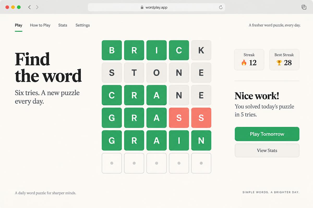A finished daily word puzzle game with a letter grid, streak, and score
